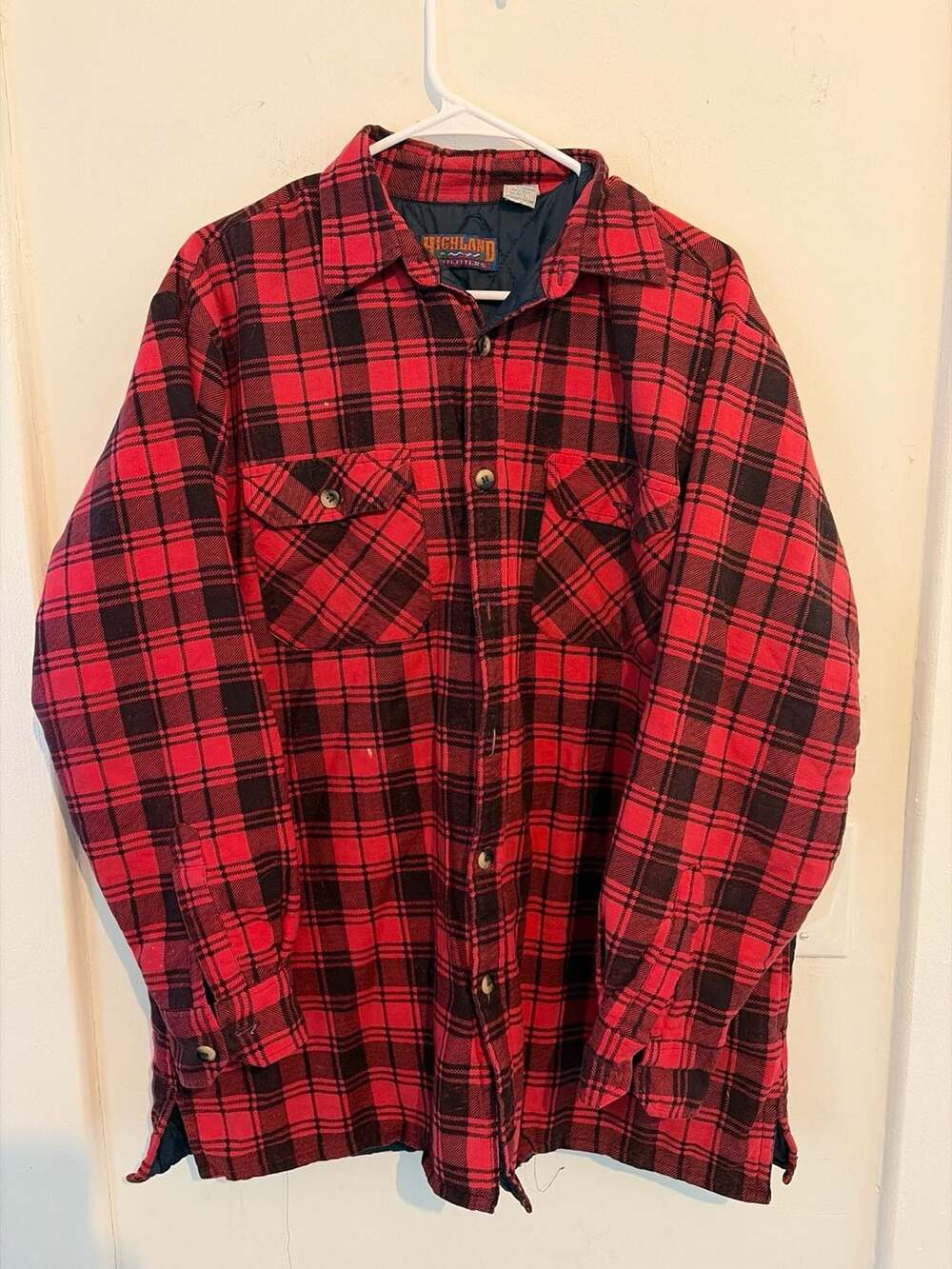 Highland Outfitters Red Black Plaid Quilted Lined Flannel Shirt Jacket Size L